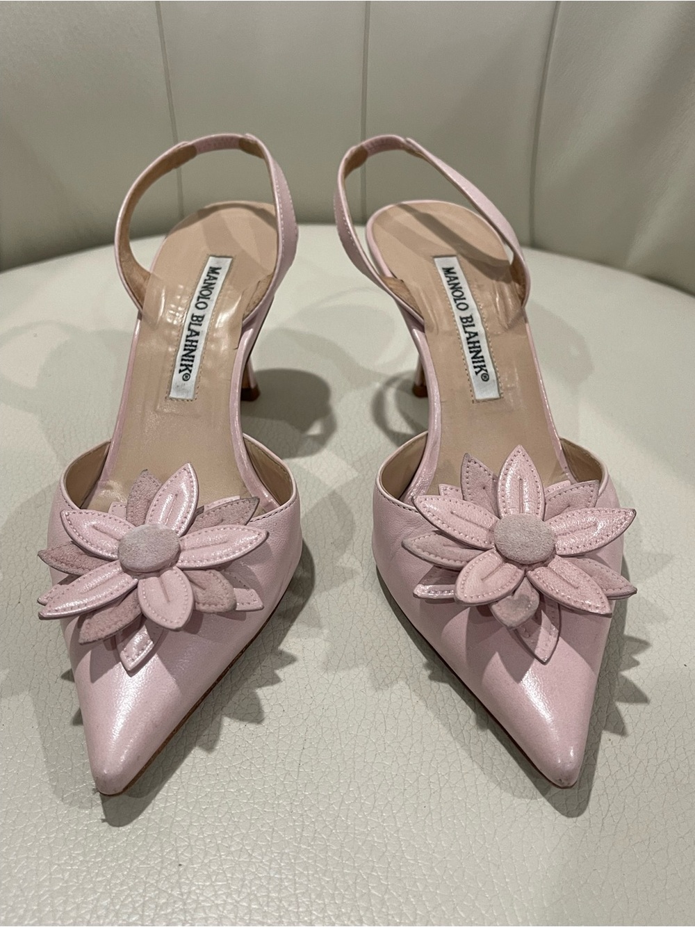 Manolo Blahnik Powder Pink Flower-Embellished Slingback Pumps - Picture 2 of 6